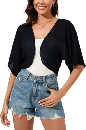 Women Bolero Shrug Chiffon Open Front 3/4 Sleeve Cropped Cardigan Lightweight Sheer Tops for Dress