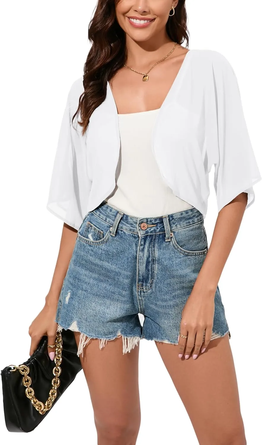 Women Bolero Shrug Chiffon Open Front 3/4 Sleeve Cropped Cardigan Lightweight Sheer Tops for Dress