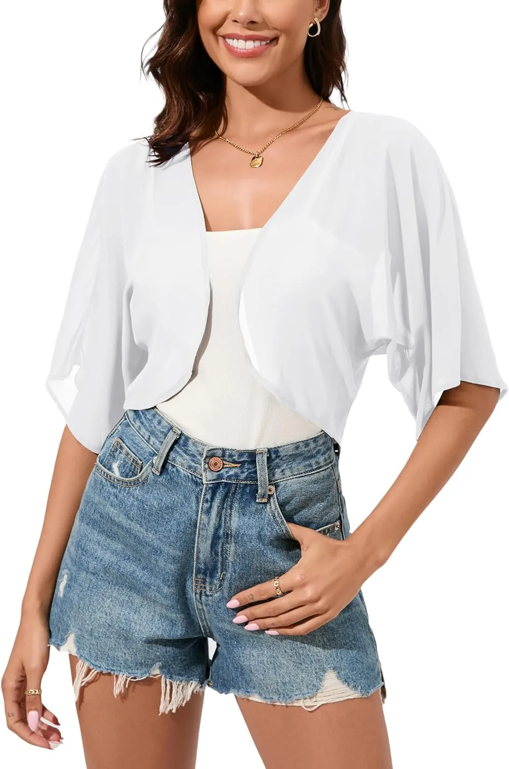 Women Bolero Shrug Chiffon Open Front 3/4 Sleeve Cropped Cardigan Lightweight Sheer Tops for Dress