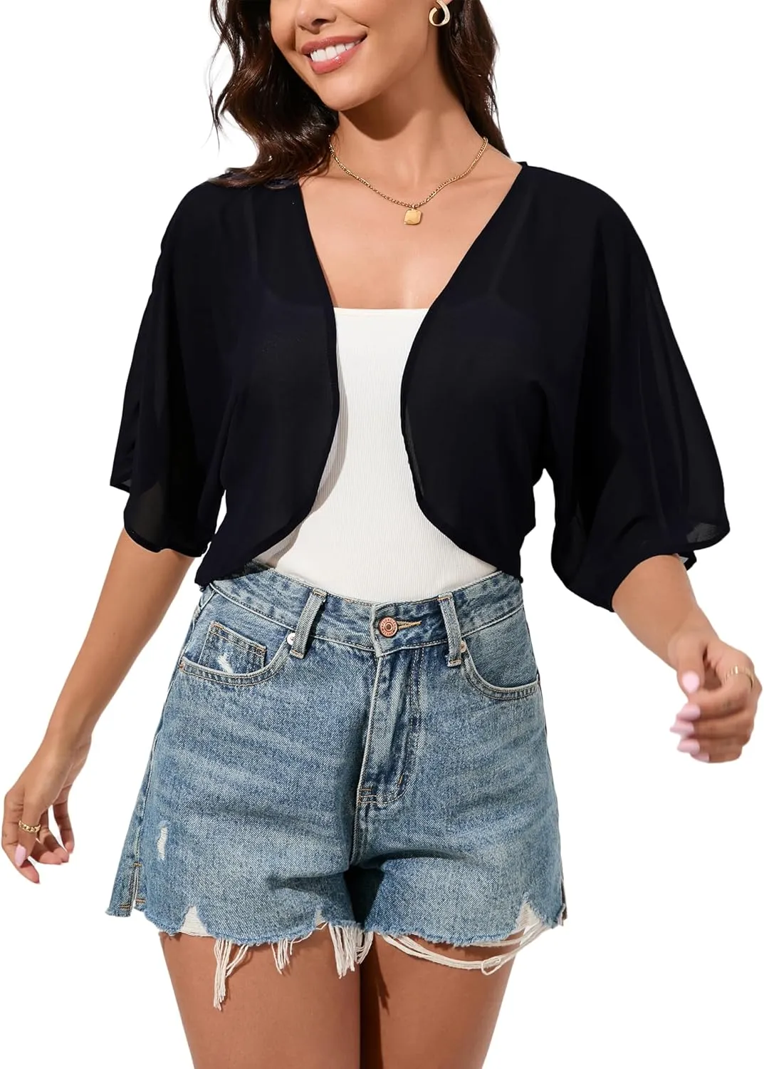 Women Bolero Shrug Chiffon Open Front 3/4 Sleeve Cropped Cardigan Lightweight Sheer Tops for Dress