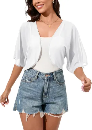 Women Bolero Shrug Chiffon Open Front 3/4 Sleeve Cropped Cardigan Lightweight Sheer Tops for Dress