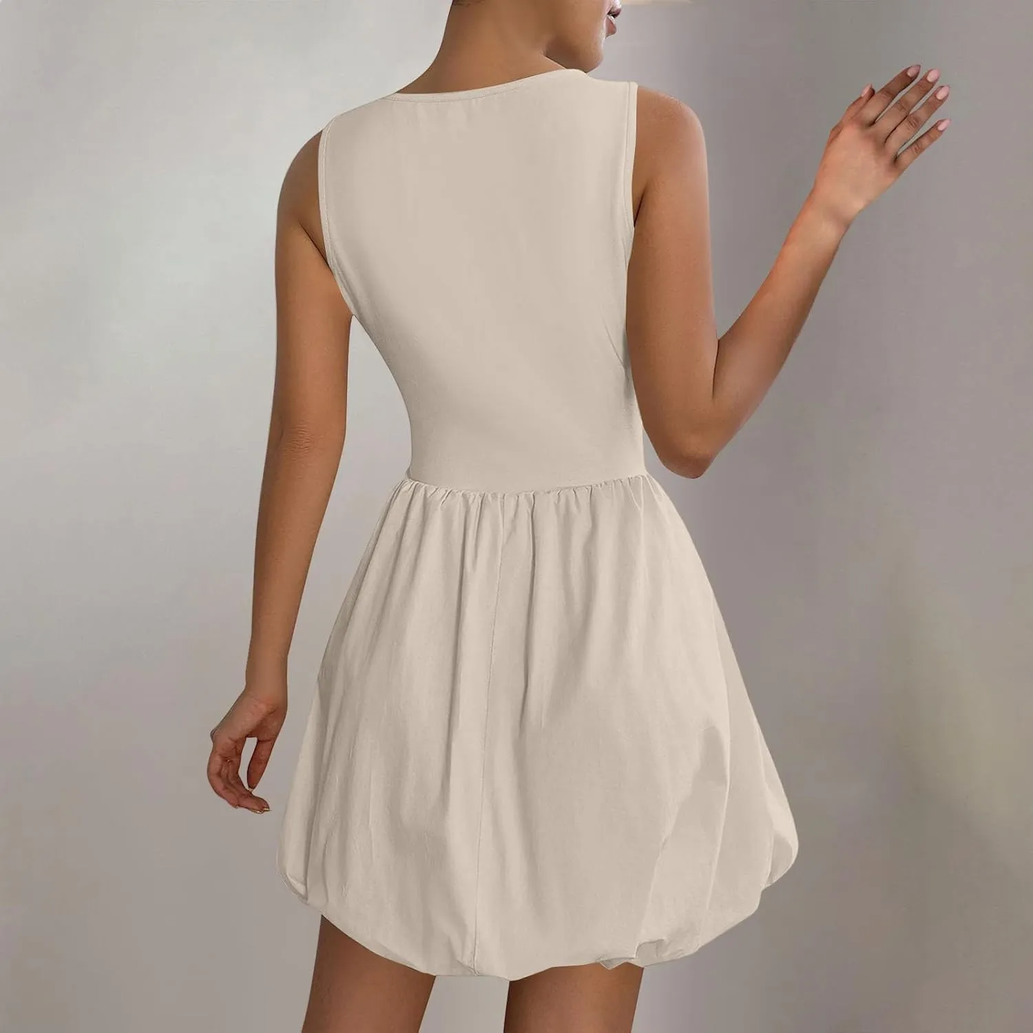 Women Bubble Mini Dress Sleeveless High Neck Fit and Flare Tank Dress Cute Summer Short A Line Dresses with Pockets