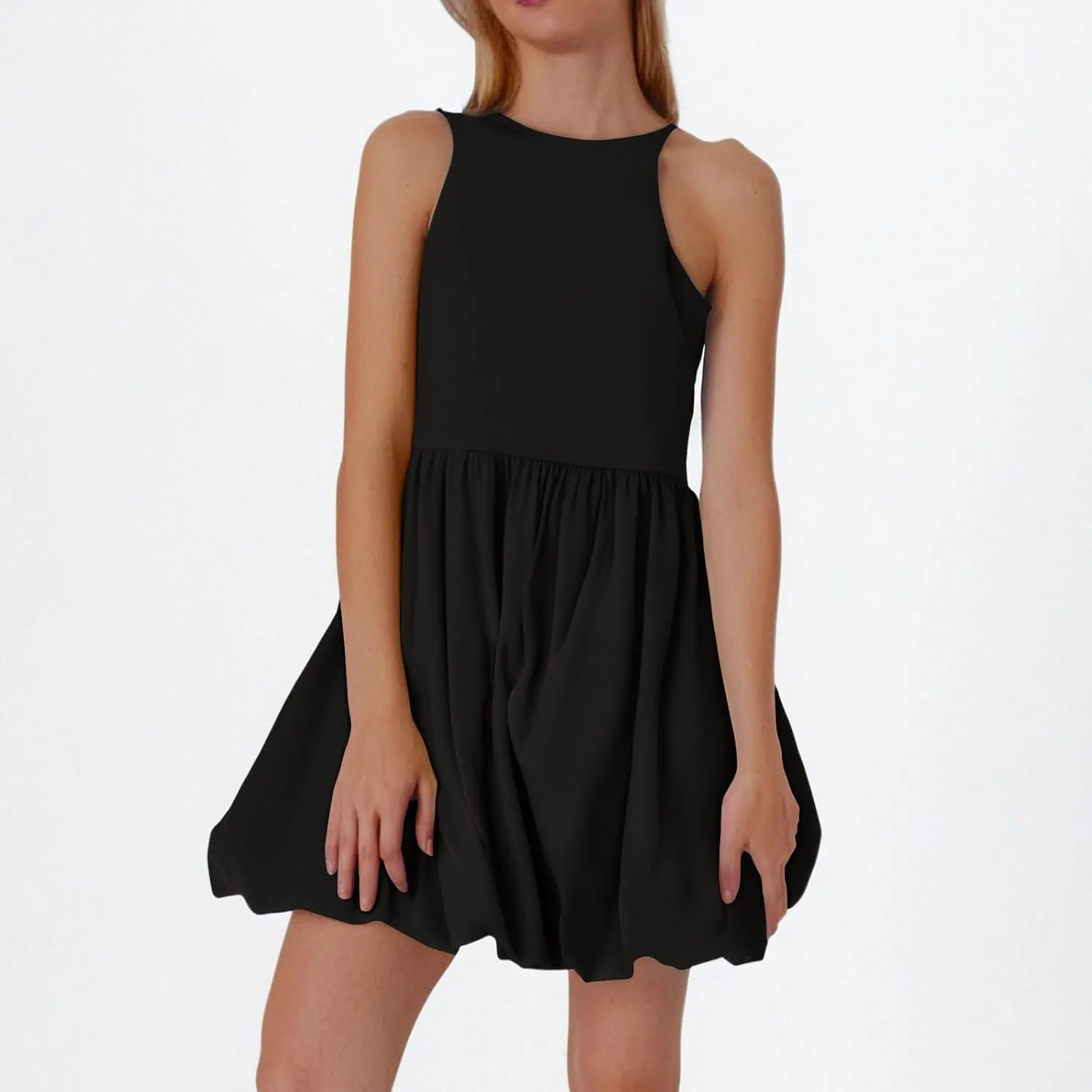 Women Bubble Mini Dress Sleeveless High Neck Fit and Flare Tank Dress Cute Summer Short A Line Dresses with Pockets