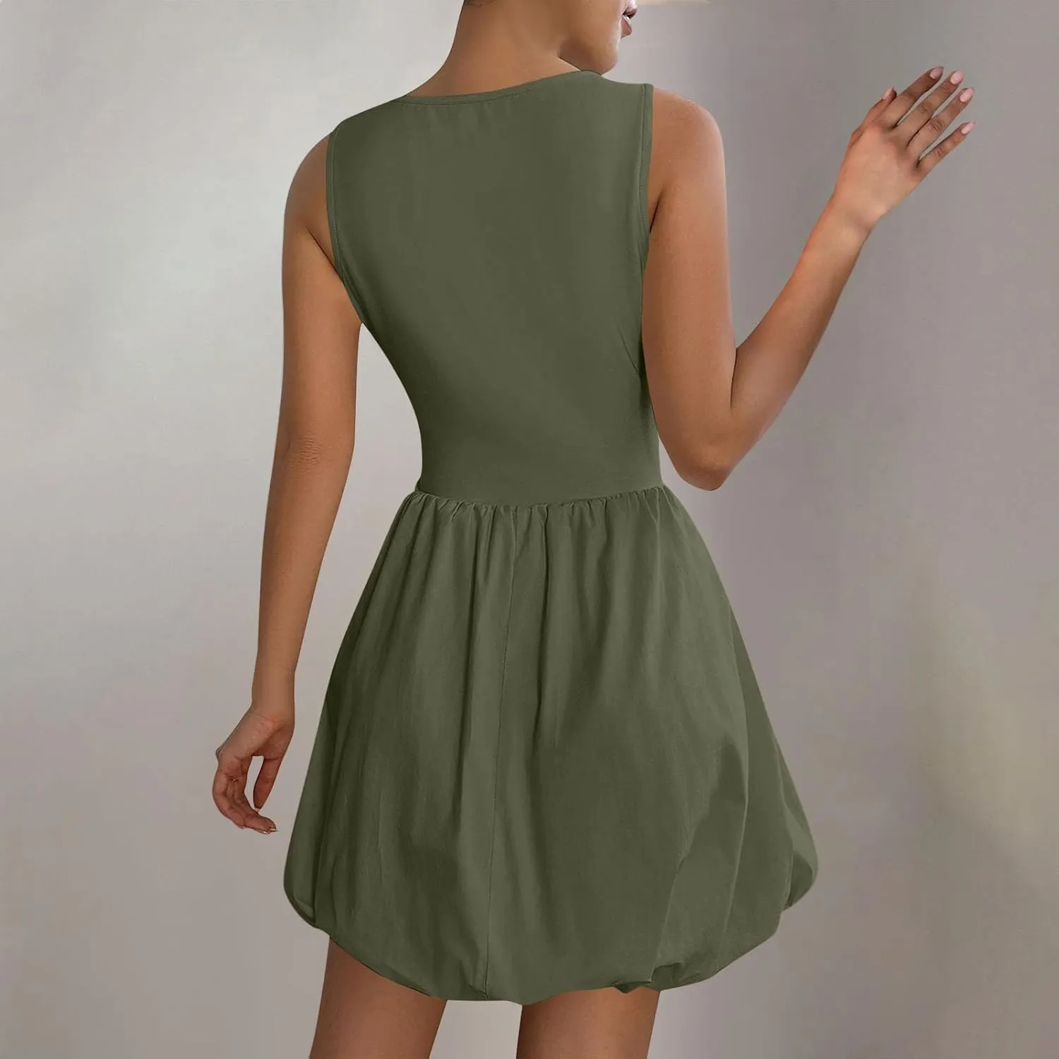 Women Bubble Mini Dress Sleeveless High Neck Fit and Flare Tank Dress Cute Summer Short A Line Dresses with Pockets