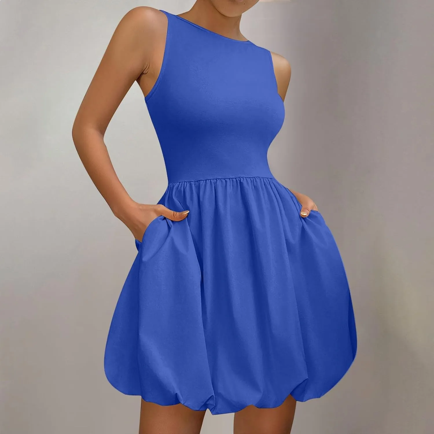 Women Bubble Mini Dress Sleeveless High Neck Fit and Flare Tank Dress Cute Summer Short A Line Dresses with Pockets