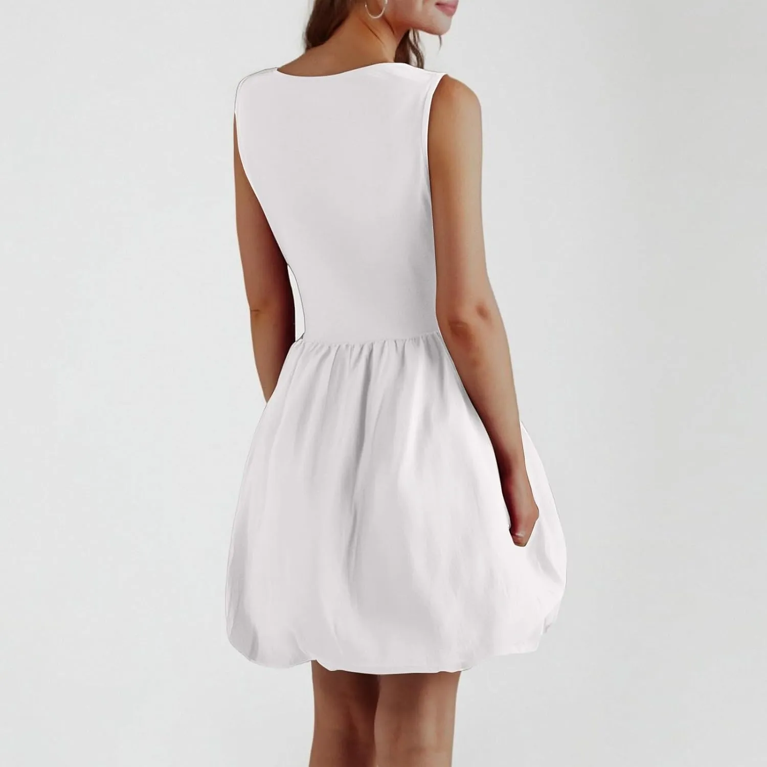 Women Bubble Mini Dress Sleeveless High Neck Fit and Flare Tank Dress Cute Summer Short A Line Dresses with Pockets