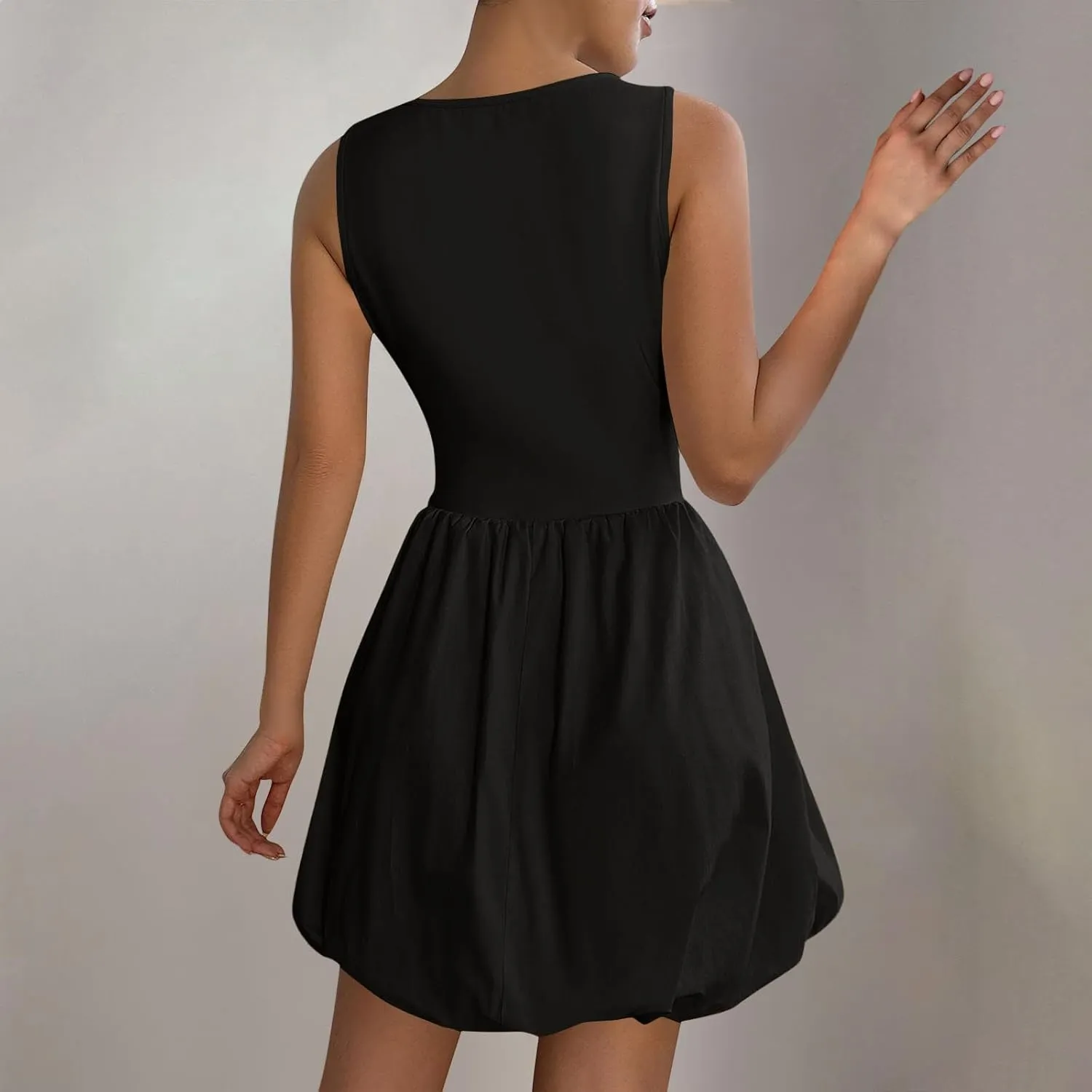 Women Bubble Mini Dress Sleeveless High Neck Fit and Flare Tank Dress Cute Summer Short A Line Dresses with Pockets