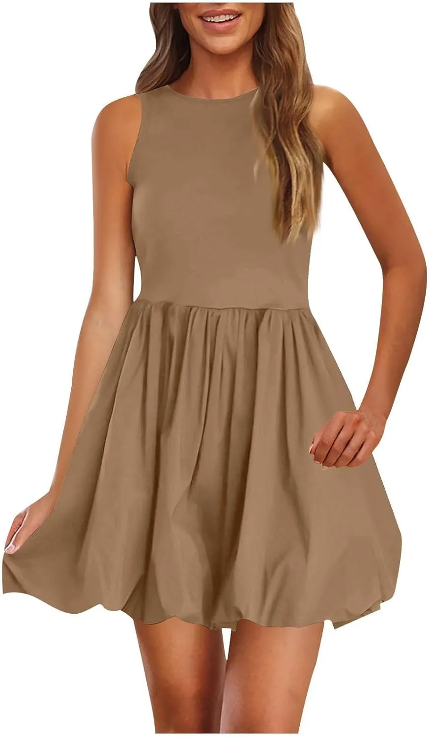 Women Bubble Mini Dress Sleeveless High Neck Fit and Flare Tank Dress Cute Summer Short A Line Dresses with Pockets