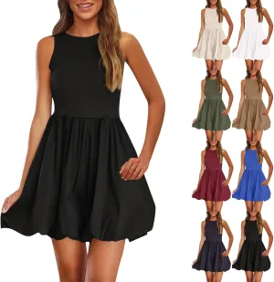 Women Bubble Mini Dress Sleeveless High Neck Fit and Flare Tank Dress Cute Summer Short A Line Dresses with Pockets