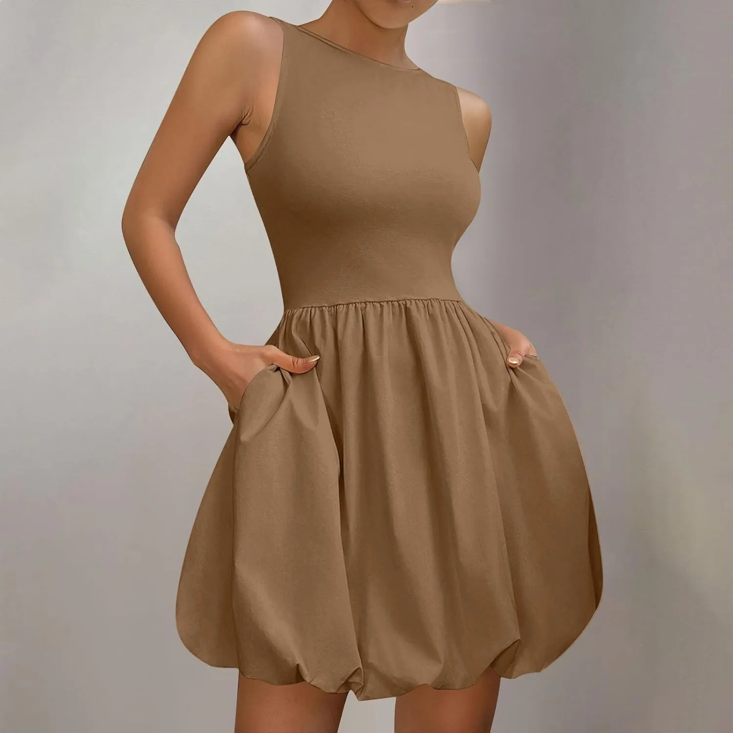 Women Bubble Mini Dress Sleeveless High Neck Fit and Flare Tank Dress Cute Summer Short A Line Dresses with Pockets