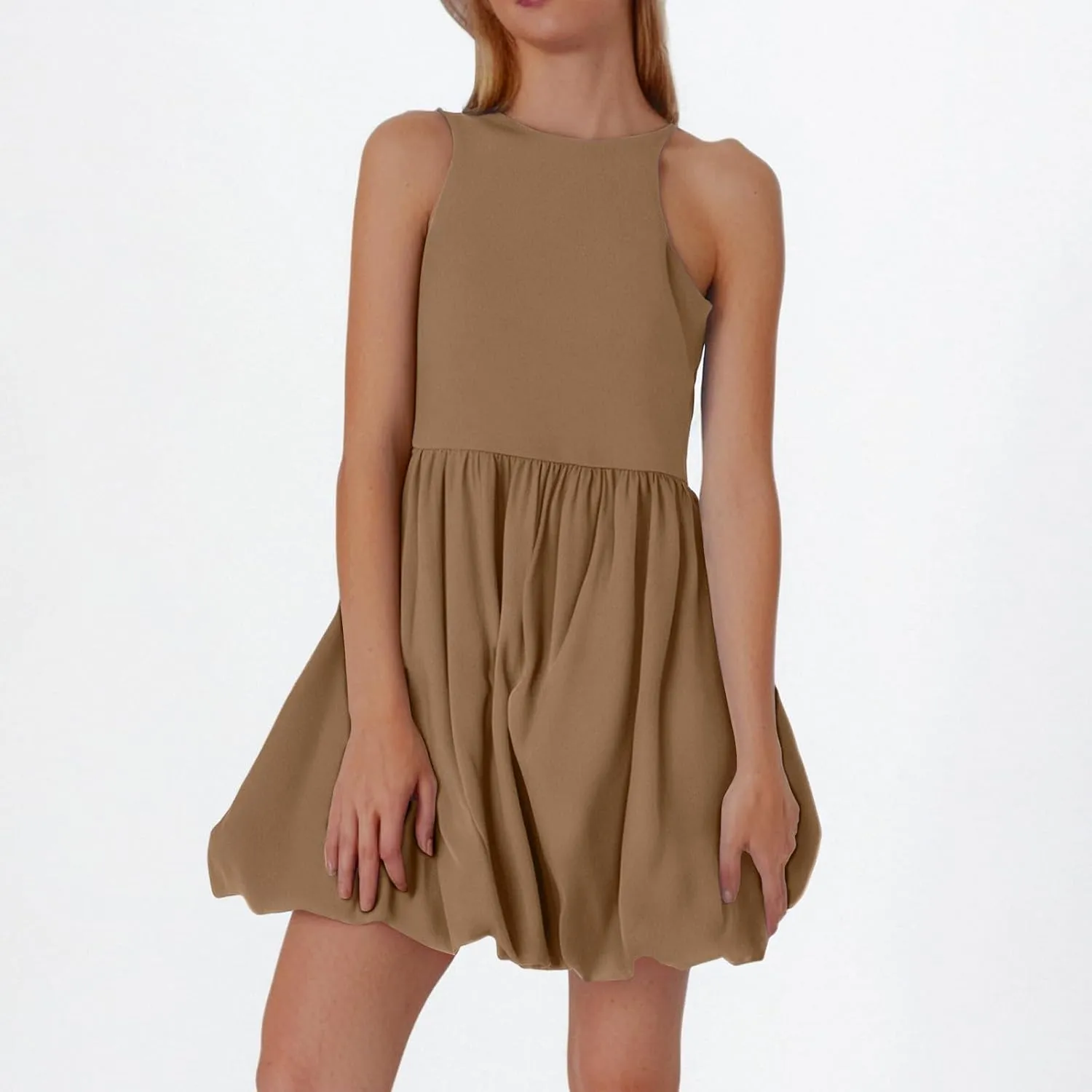 Women Bubble Mini Dress Sleeveless High Neck Fit and Flare Tank Dress Cute Summer Short A Line Dresses with Pockets