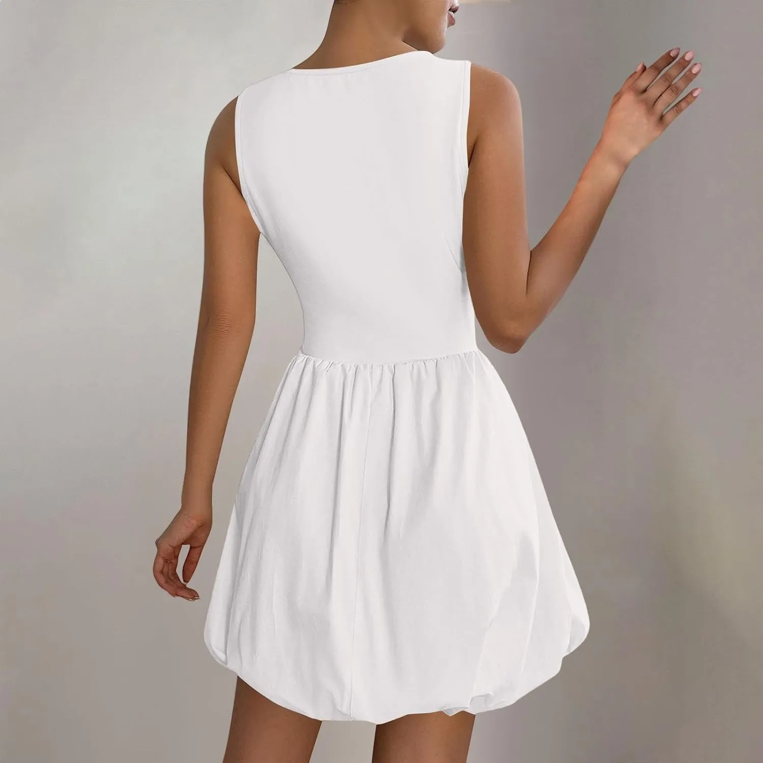 Women Bubble Mini Dress Sleeveless High Neck Fit and Flare Tank Dress Cute Summer Short A Line Dresses with Pockets