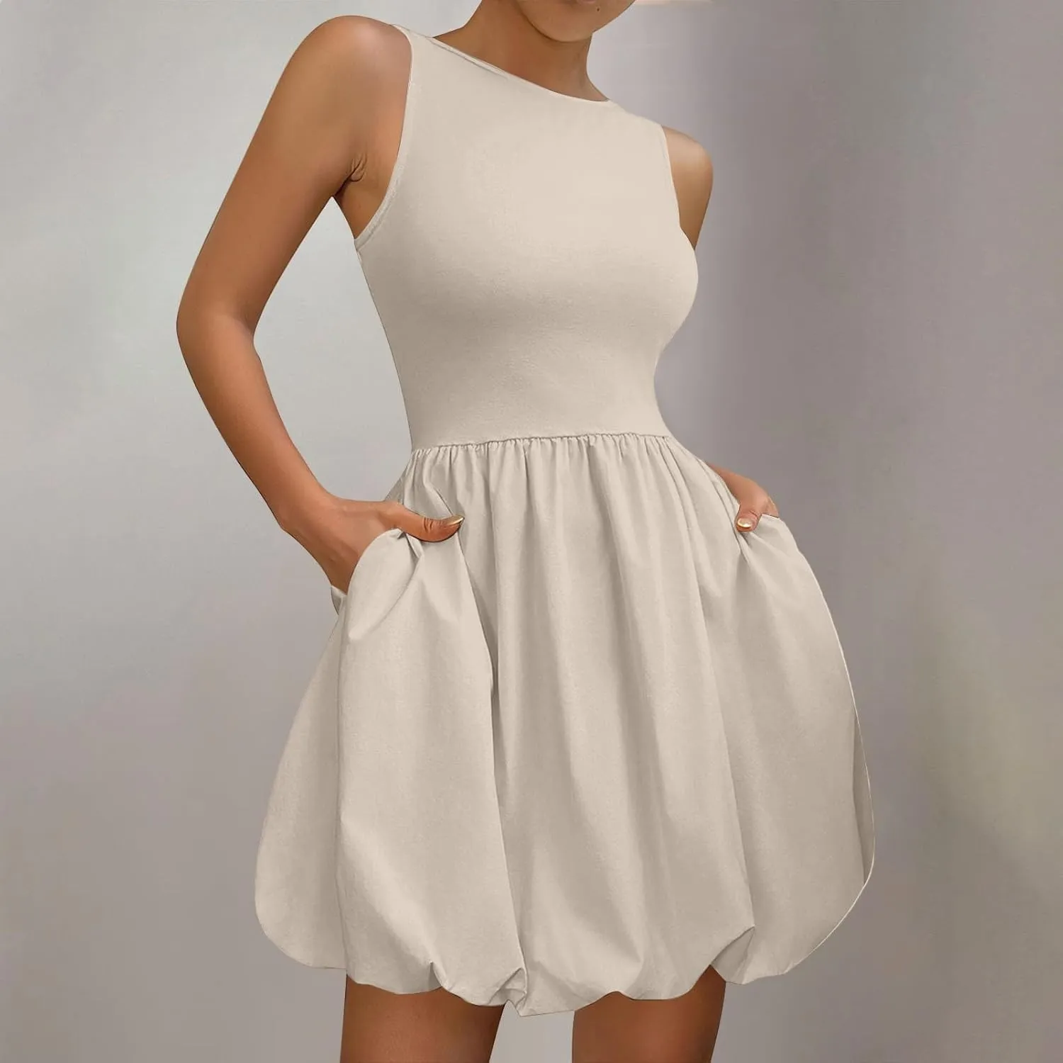 Women Bubble Mini Dress Sleeveless High Neck Fit and Flare Tank Dress Cute Summer Short A Line Dresses with Pockets