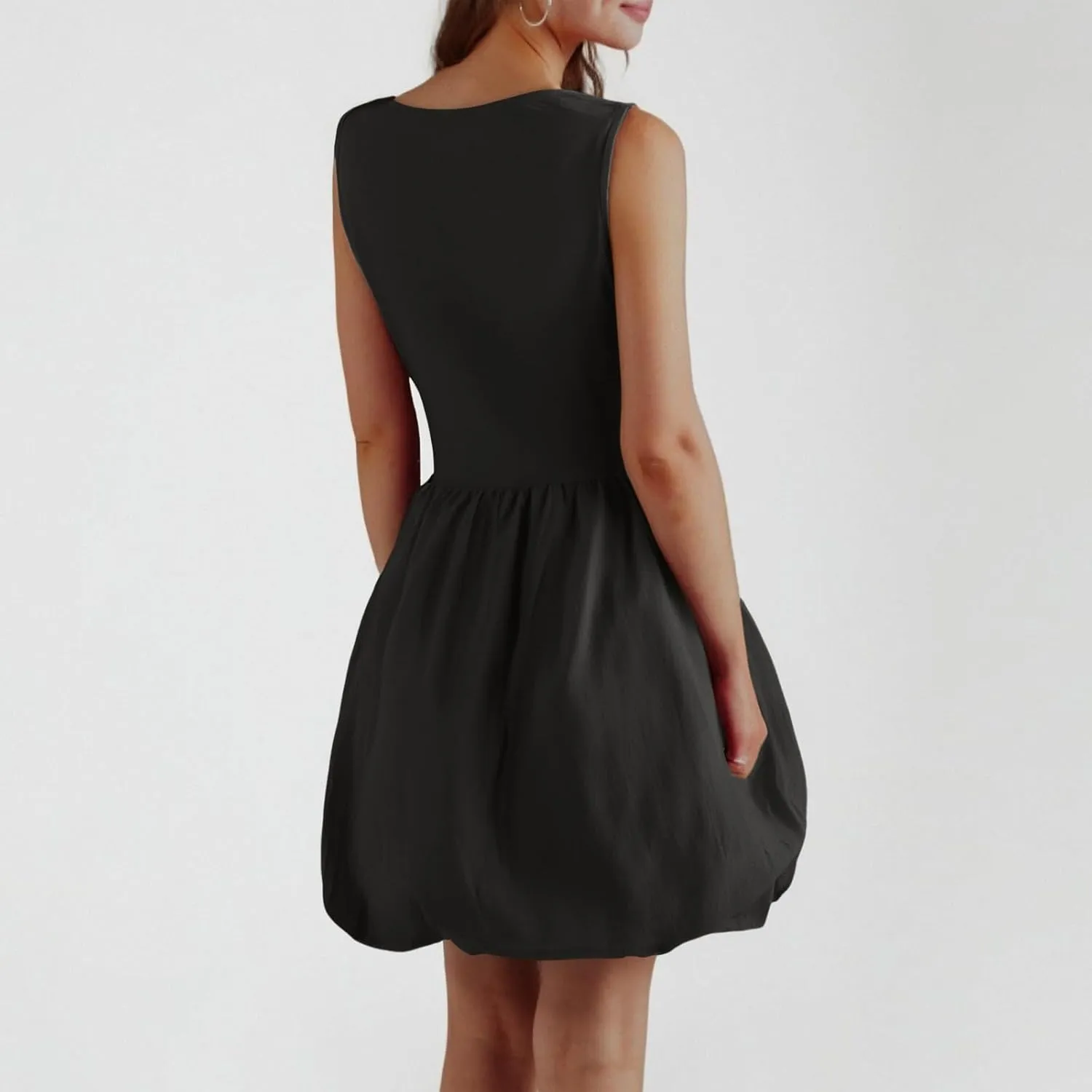 Women Bubble Mini Dress Sleeveless High Neck Fit and Flare Tank Dress Cute Summer Short A Line Dresses with Pockets
