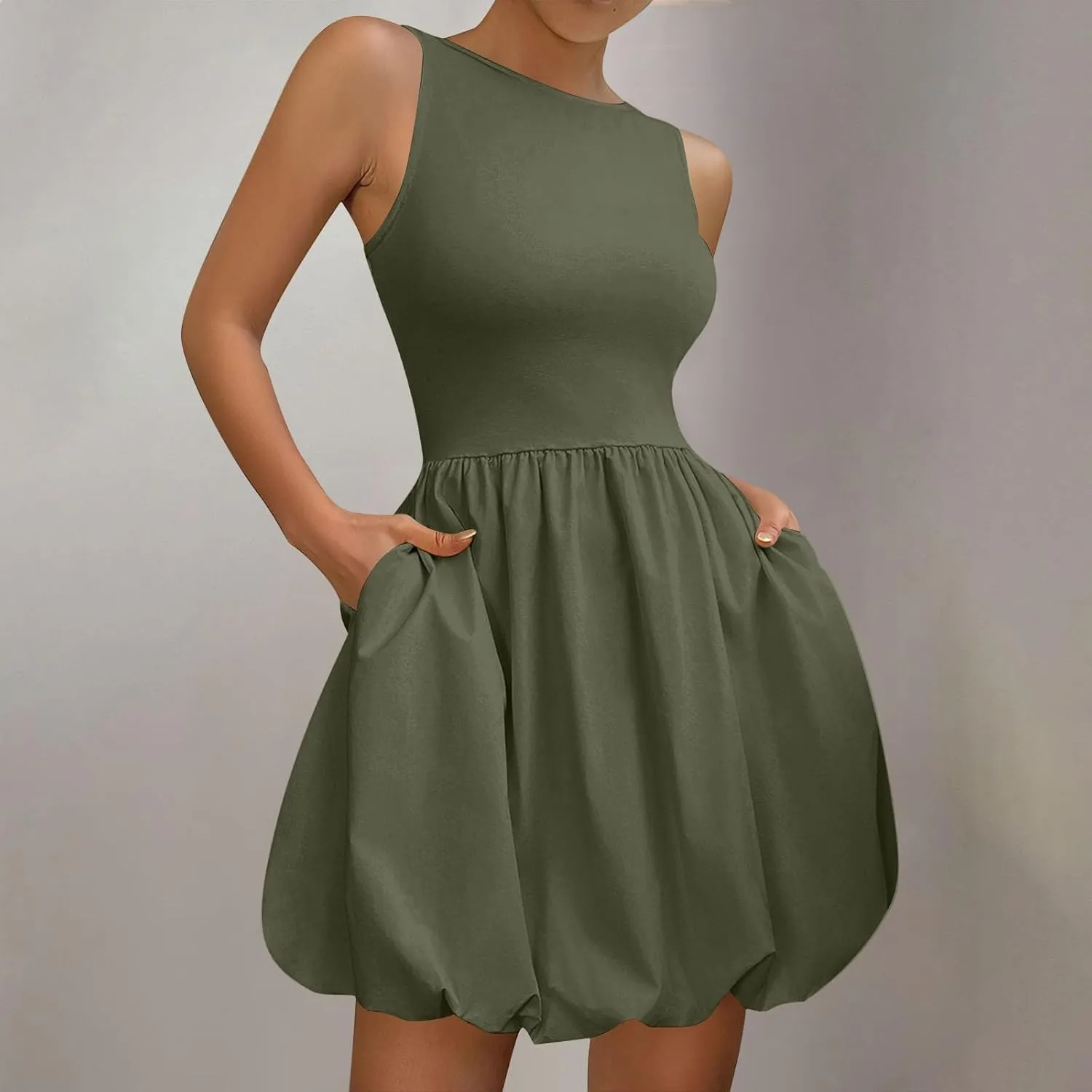 Women Bubble Mini Dress Sleeveless High Neck Fit and Flare Tank Dress Cute Summer Short A Line Dresses with Pockets