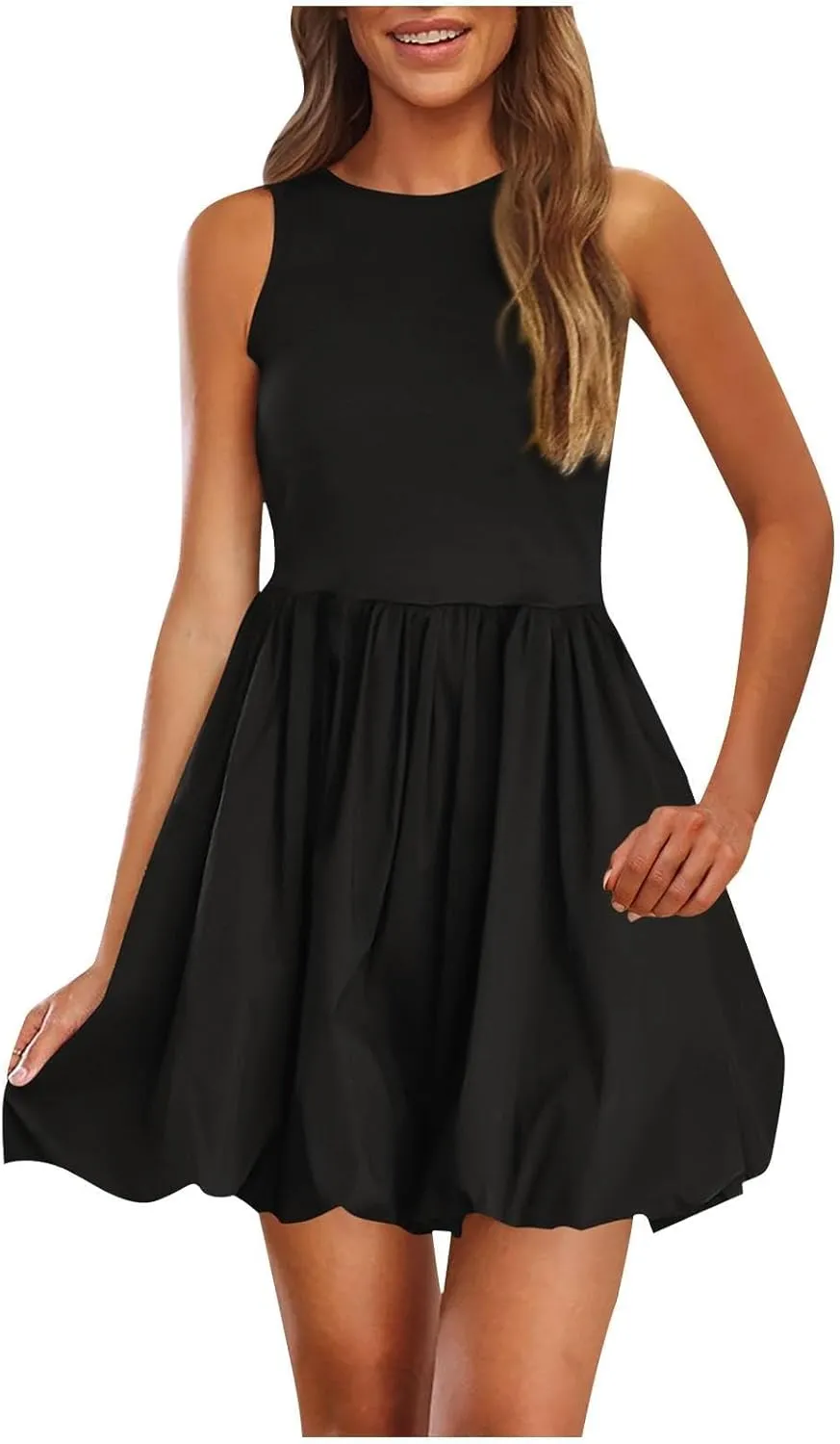 Women Bubble Mini Dress Sleeveless High Neck Fit and Flare Tank Dress Cute Summer Short A Line Dresses with Pockets