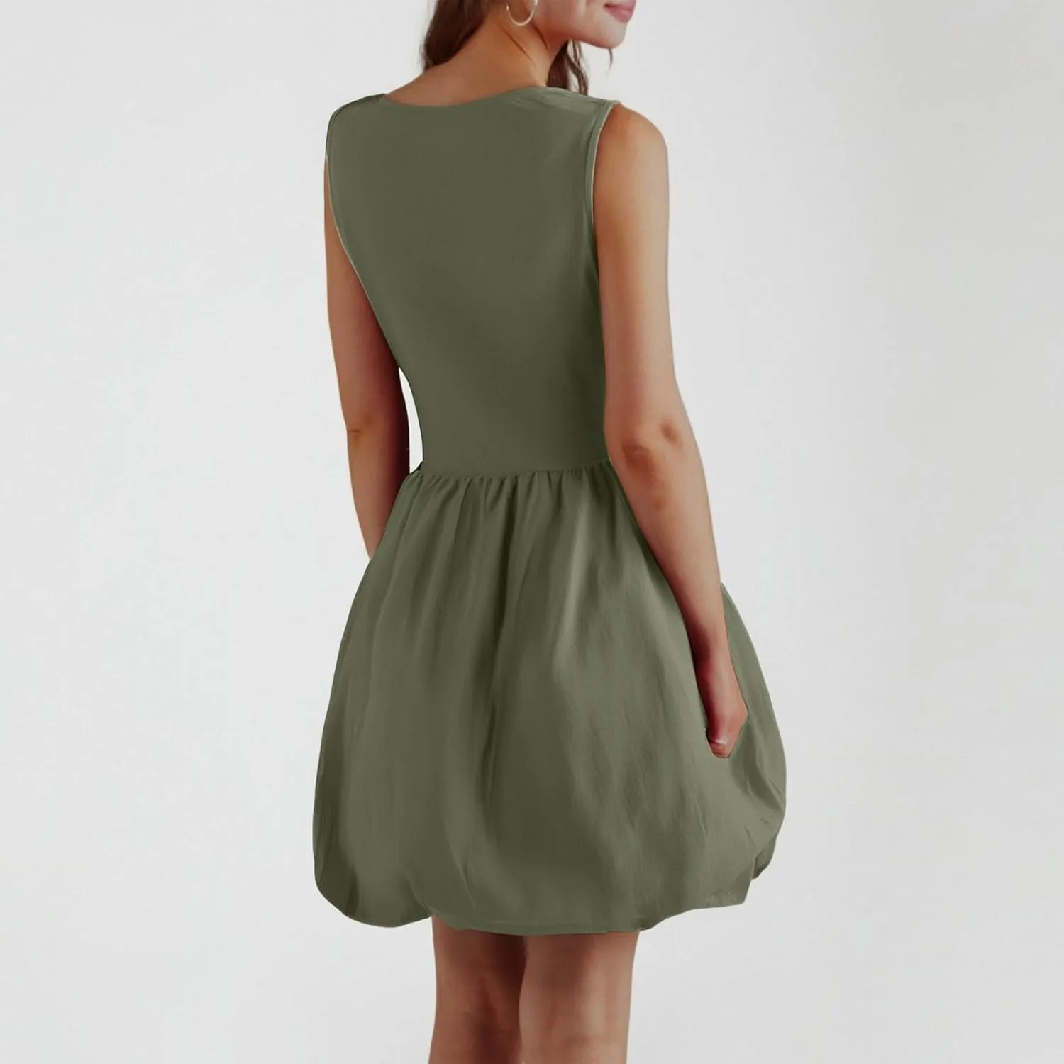 Women Bubble Mini Dress Sleeveless High Neck Fit and Flare Tank Dress Cute Summer Short A Line Dresses with Pockets