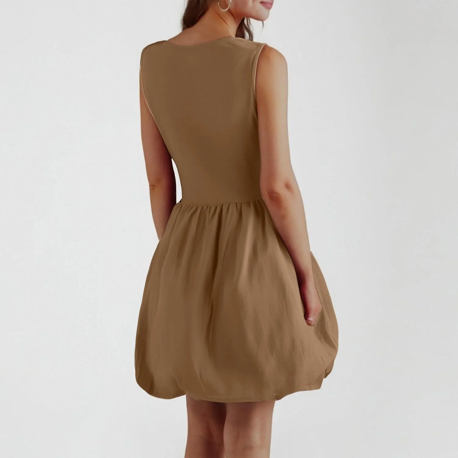 Women Bubble Mini Dress Sleeveless High Neck Fit and Flare Tank Dress Cute Summer Short A Line Dresses with Pockets