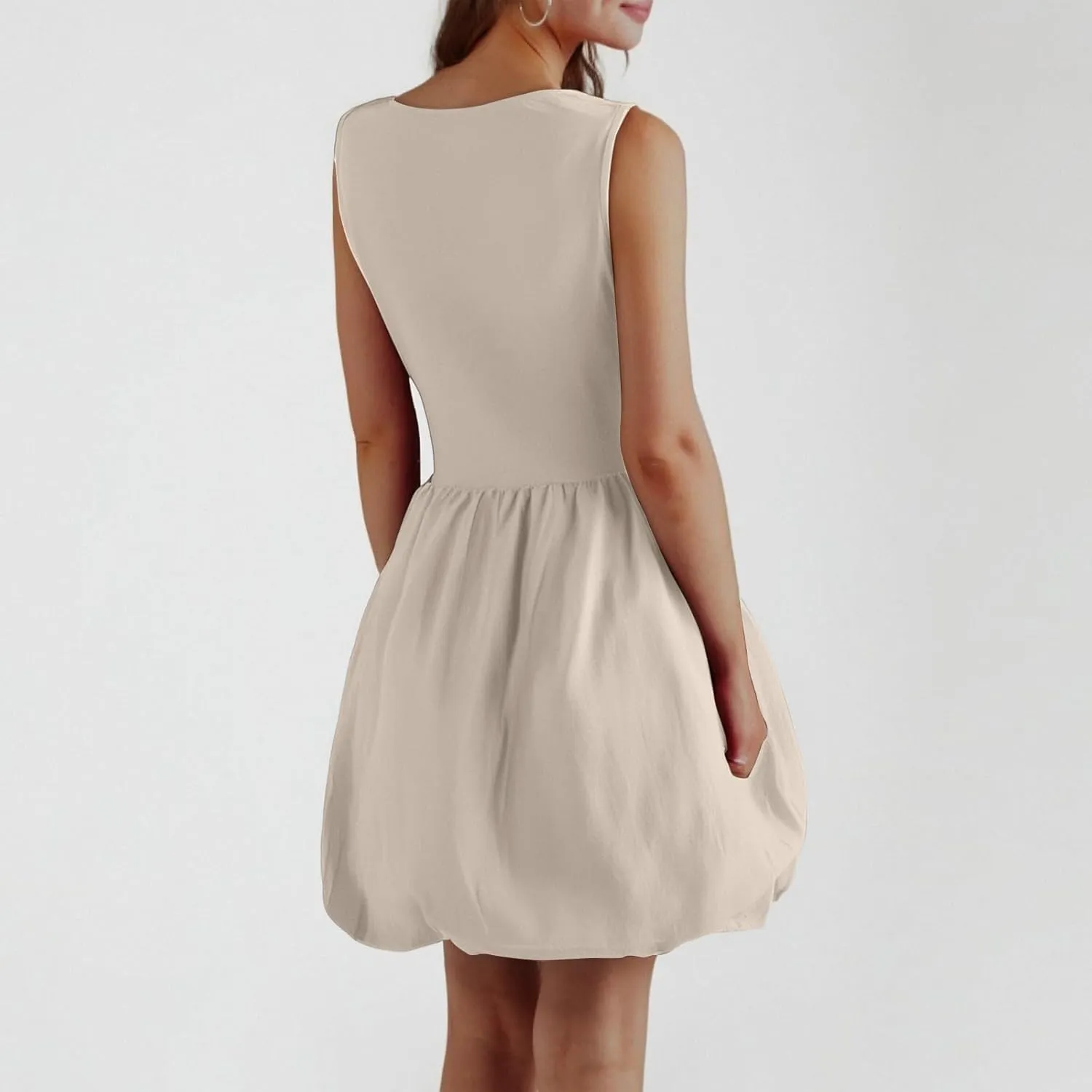 Women Bubble Mini Dress Sleeveless High Neck Fit and Flare Tank Dress Cute Summer Short A Line Dresses with Pockets