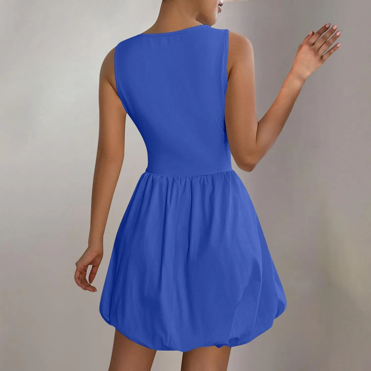 Women Bubble Mini Dress Sleeveless High Neck Fit and Flare Tank Dress Cute Summer Short A Line Dresses with Pockets
