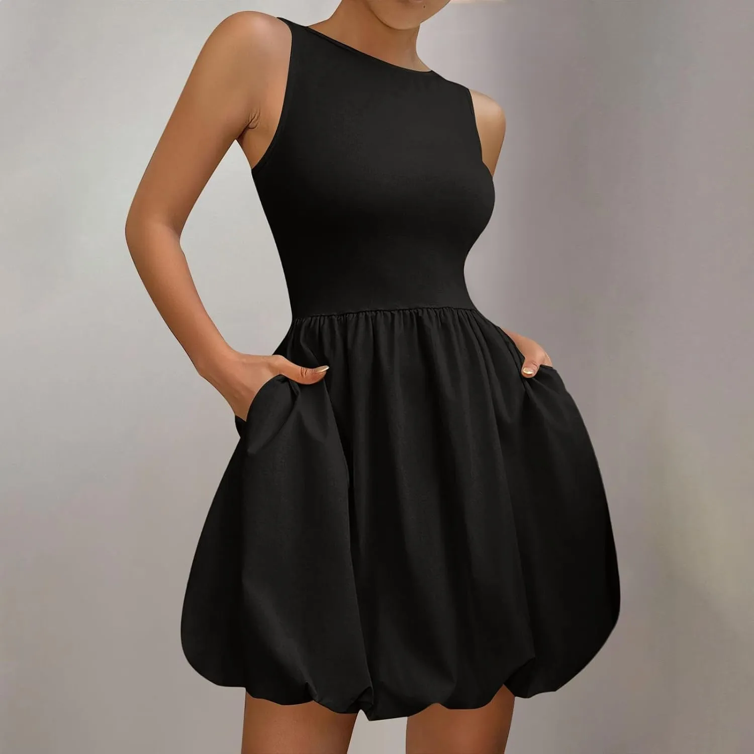 Women Bubble Mini Dress Sleeveless High Neck Fit and Flare Tank Dress Cute Summer Short A Line Dresses with Pockets