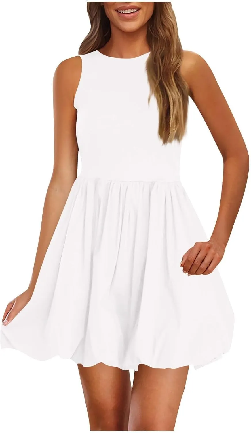 Women Bubble Mini Dress Sleeveless High Neck Fit and Flare Tank Dress Cute Summer Short A Line Dresses with Pockets