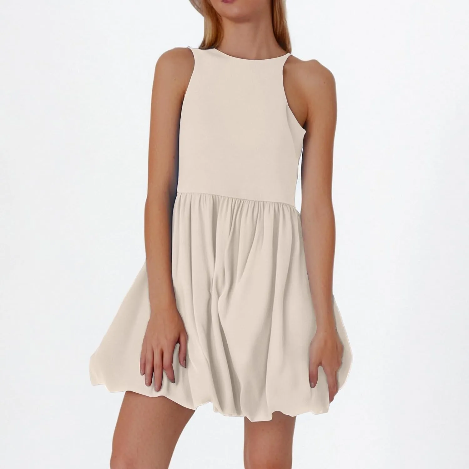 Women Bubble Mini Dress Sleeveless High Neck Fit and Flare Tank Dress Cute Summer Short A Line Dresses with Pockets