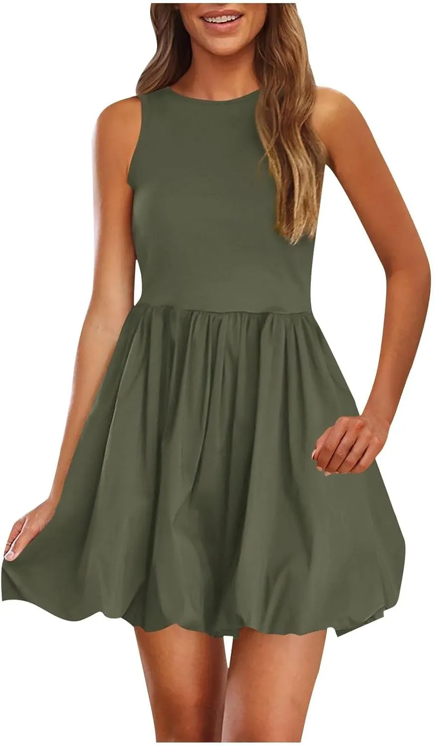 Women Bubble Mini Dress Sleeveless High Neck Fit and Flare Tank Dress Cute Summer Short A Line Dresses with Pockets