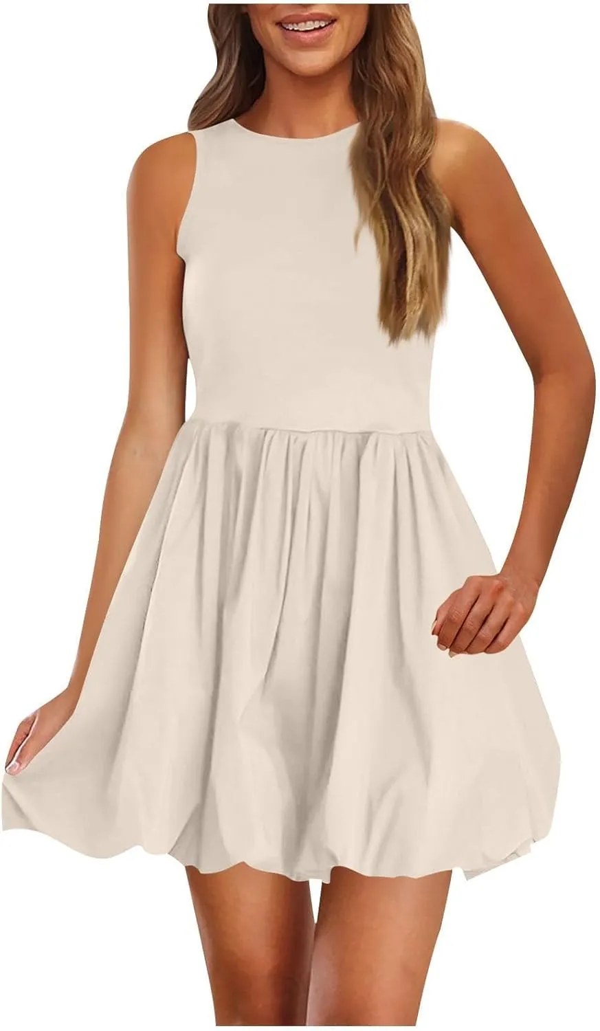 Women Bubble Mini Dress Sleeveless High Neck Fit and Flare Tank Dress Cute Summer Short A Line Dresses with Pockets
