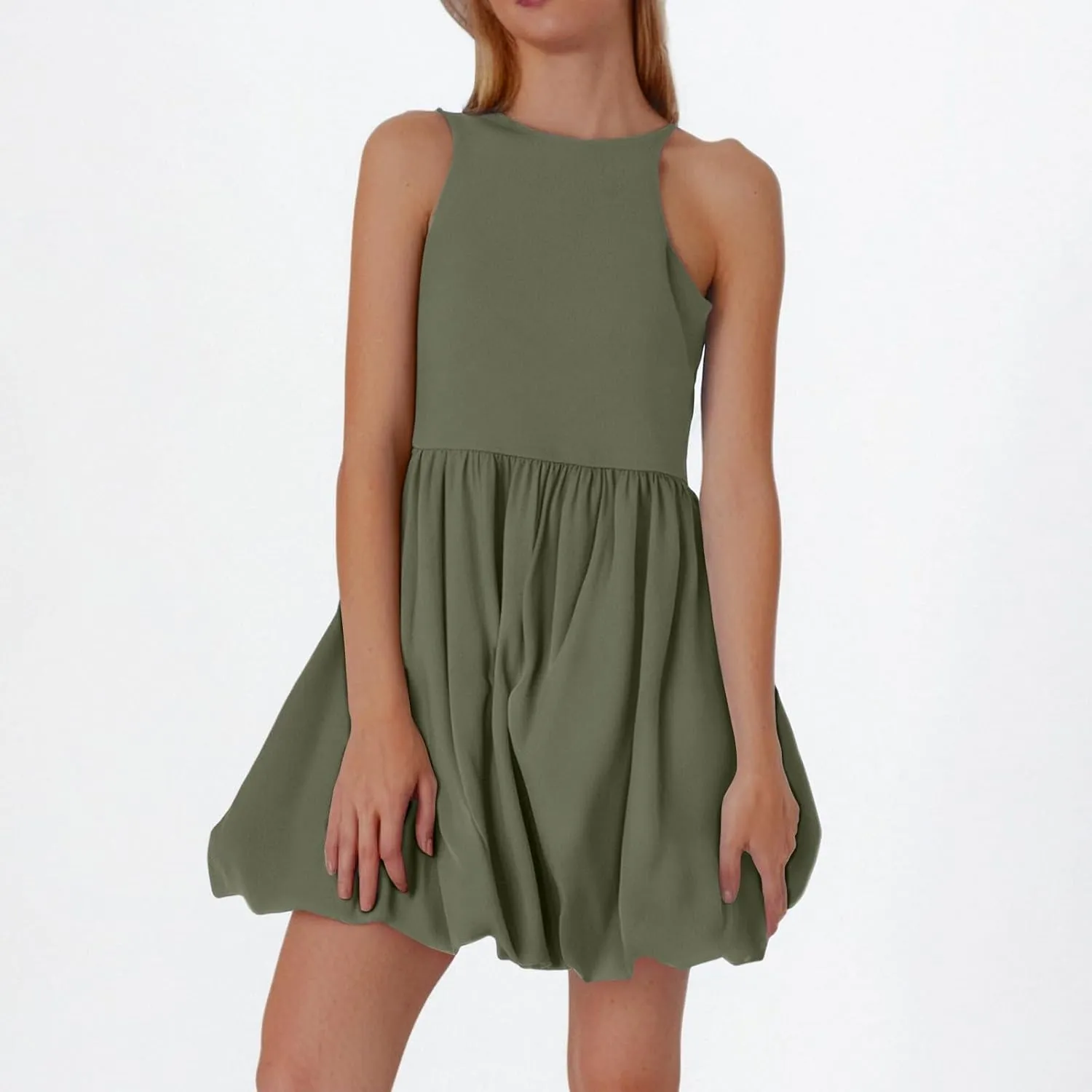 Women Bubble Mini Dress Sleeveless High Neck Fit and Flare Tank Dress Cute Summer Short A Line Dresses with Pockets