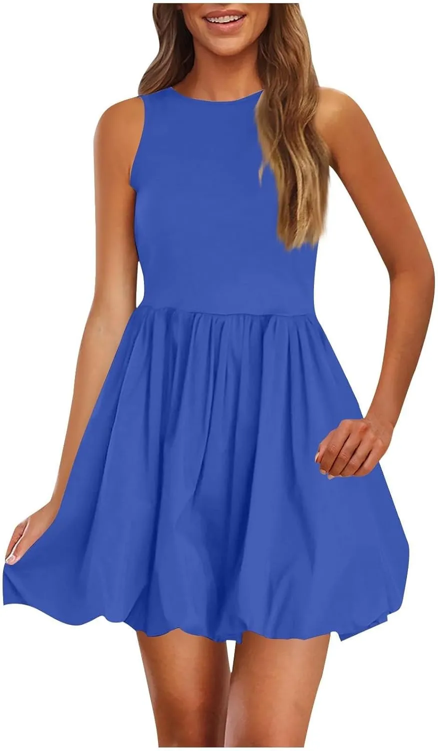 Women Bubble Mini Dress Sleeveless High Neck Fit and Flare Tank Dress Cute Summer Short A Line Dresses with Pockets