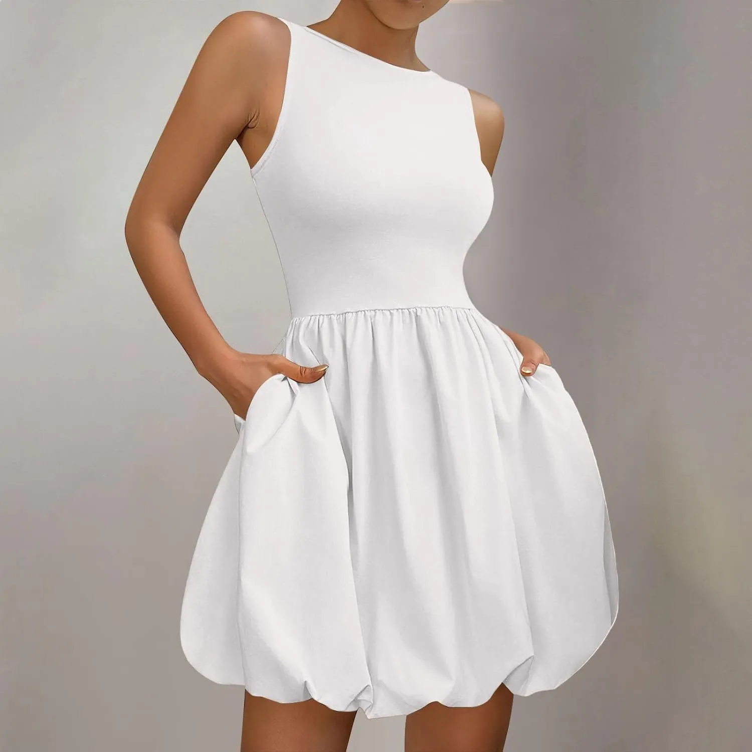 Women Bubble Mini Dress Sleeveless High Neck Fit and Flare Tank Dress Cute Summer Short A Line Dresses with Pockets