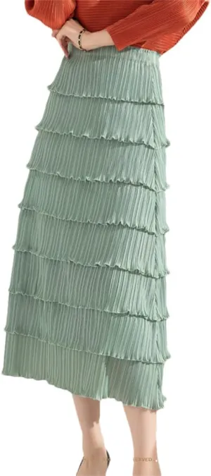 Women Pleated Midi Long Skirts A Line Black White Pink Layered Elegant Summer Skirt