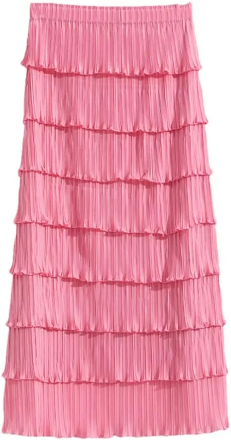 Women Pleated Midi Long Skirts A Line Black White Pink Layered Elegant Summer Skirt
