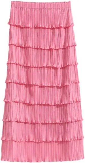 Women Pleated Midi Long Skirts A Line Black White Pink Layered Elegant Summer Skirt