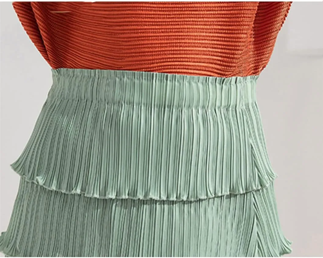 Women Pleated Midi Long Skirts A Line Black White Pink Layered Elegant Summer Skirt