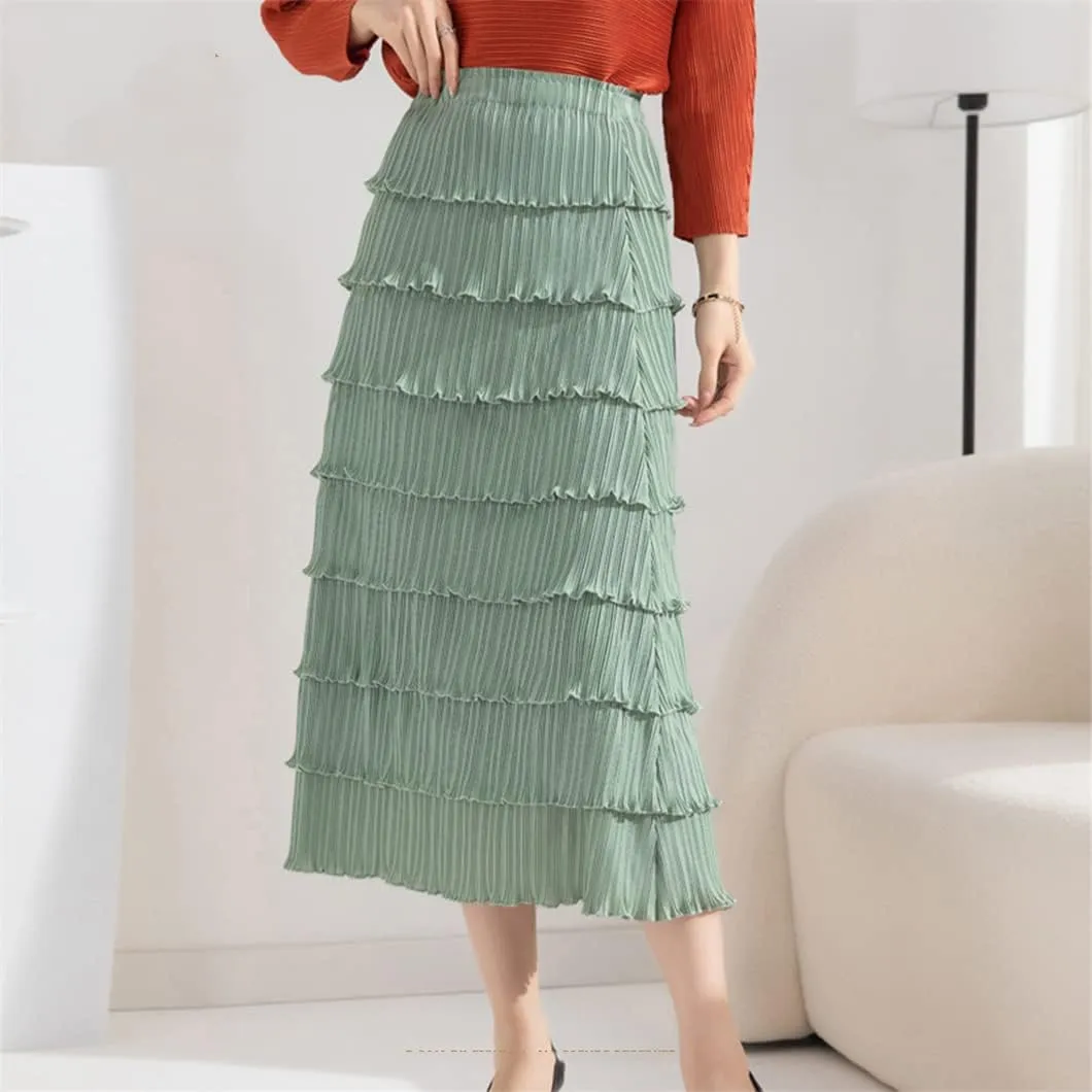 Women Pleated Midi Long Skirts A Line Black White Pink Layered Elegant Summer Skirt