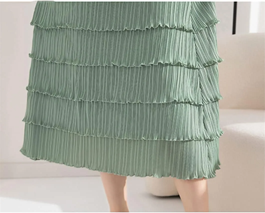 Women Pleated Midi Long Skirts A Line Black White Pink Layered Elegant Summer Skirt