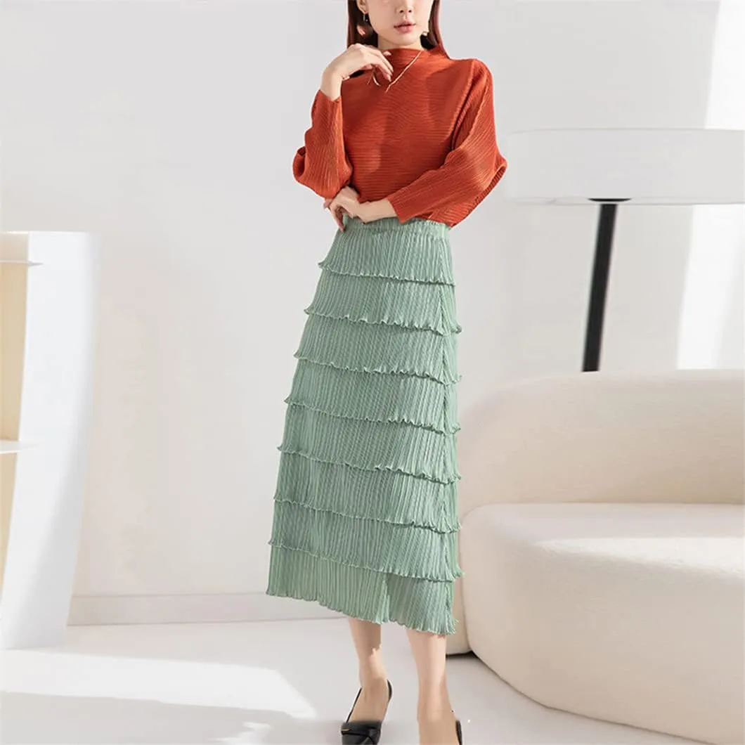 Women Pleated Midi Long Skirts A Line Black White Pink Layered Elegant Summer Skirt