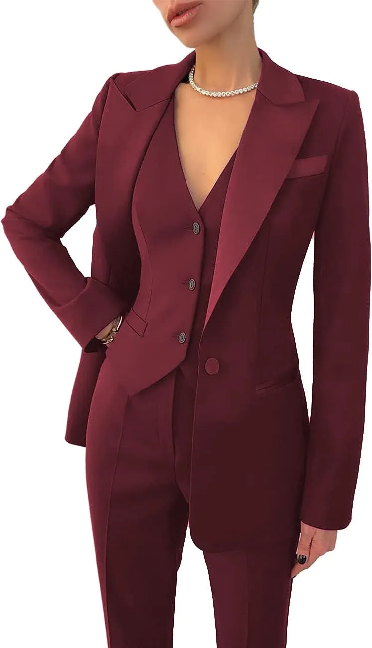 Women Suit Slim Fit Elegance Notch Lapel 3 Piece Workplace Style Jacket(Blazer Vest Pants