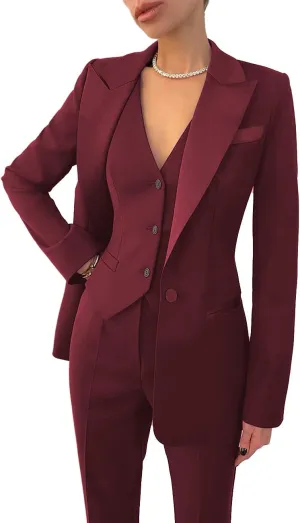 Women Suit Slim Fit Elegance Notch Lapel 3 Piece Workplace Style Jacket(Blazer Vest Pants