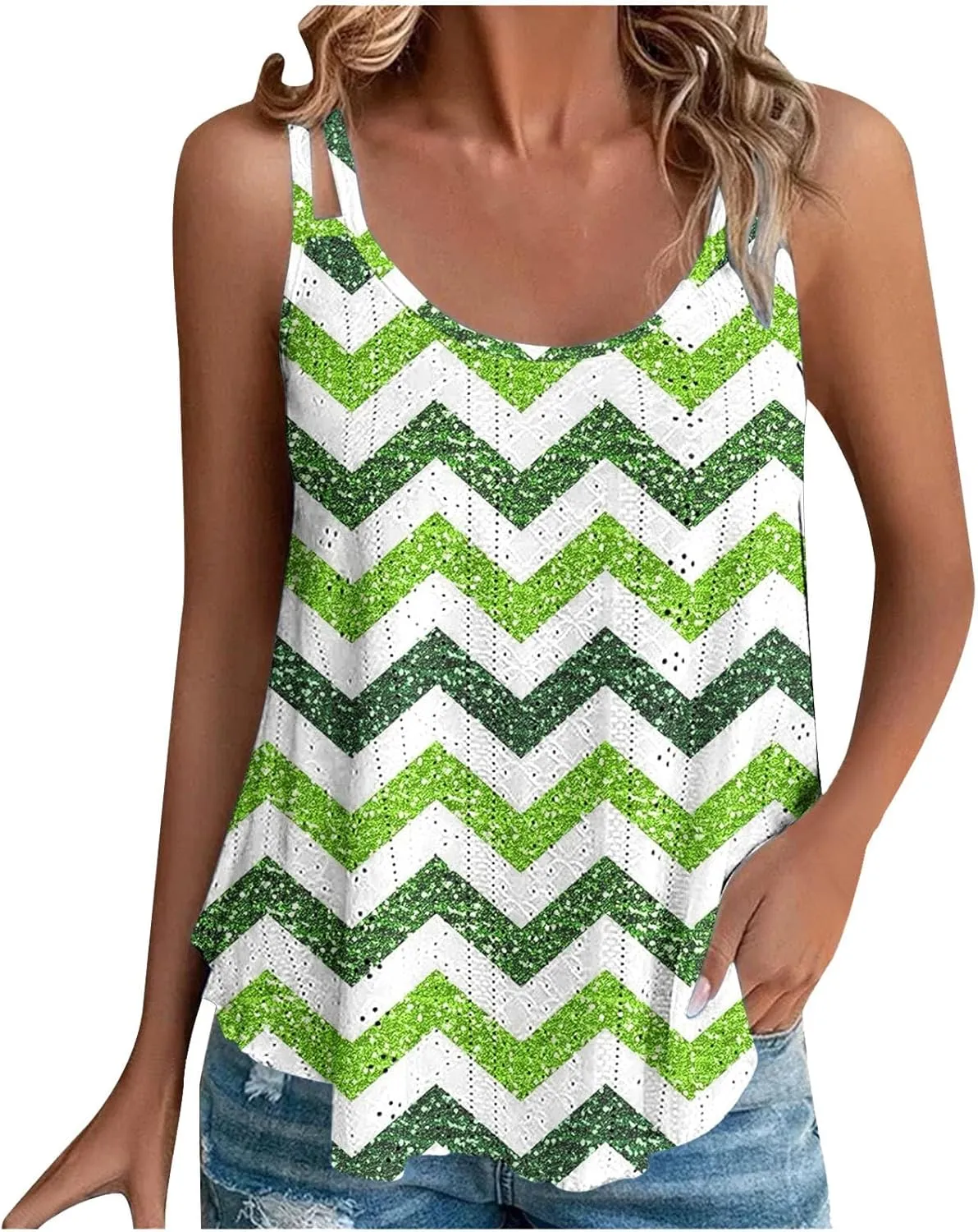 Women Tank Tops Eyelet Striped Sleeveless Camisole Casual Spaghetti Strap Round Neck 2025 Summer Beach Flowy Shirt
