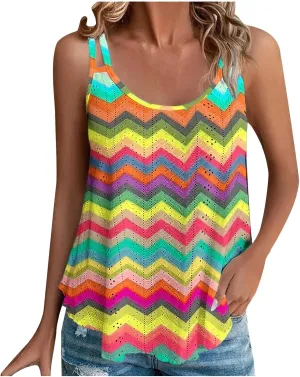 Women Tank Tops Eyelet Striped Sleeveless Camisole Casual Spaghetti Strap Round Neck 2025 Summer Beach Flowy Shirt