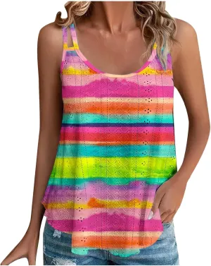 Women Tank Tops Eyelet Striped Sleeveless Camisole Casual Spaghetti Strap Round Neck 2025 Summer Beach Flowy Shirt