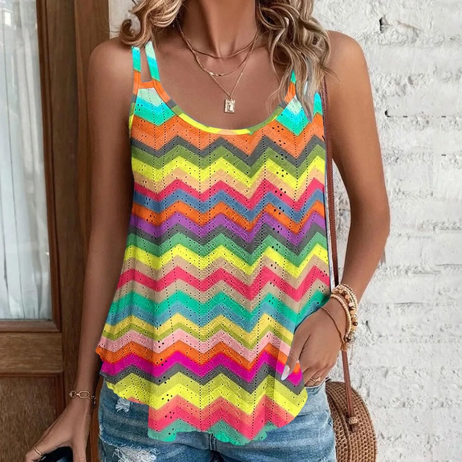 Women Tank Tops Eyelet Striped Sleeveless Camisole Casual Spaghetti Strap Round Neck 2025 Summer Beach Flowy Shirt