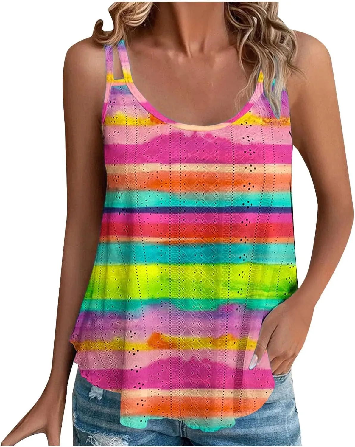 Women Tank Tops Eyelet Striped Sleeveless Camisole Casual Spaghetti Strap Round Neck 2025 Summer Beach Flowy Shirt