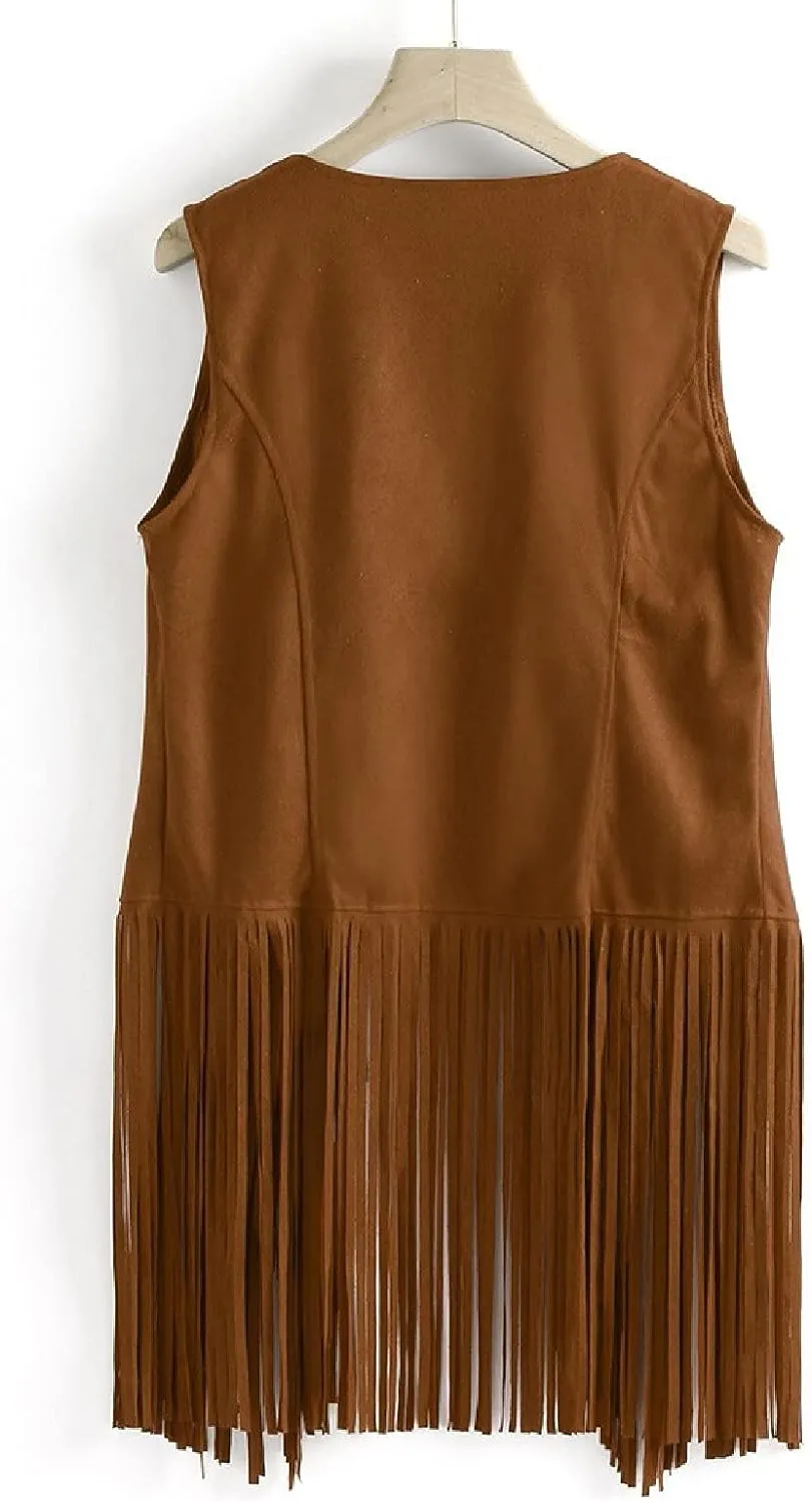 Women Tassel Vest Sleeveless Faux Suede Fringe Gilet Cardigan Fashion 70s Cowgirl Rave Party Western Outfit Waistcoat