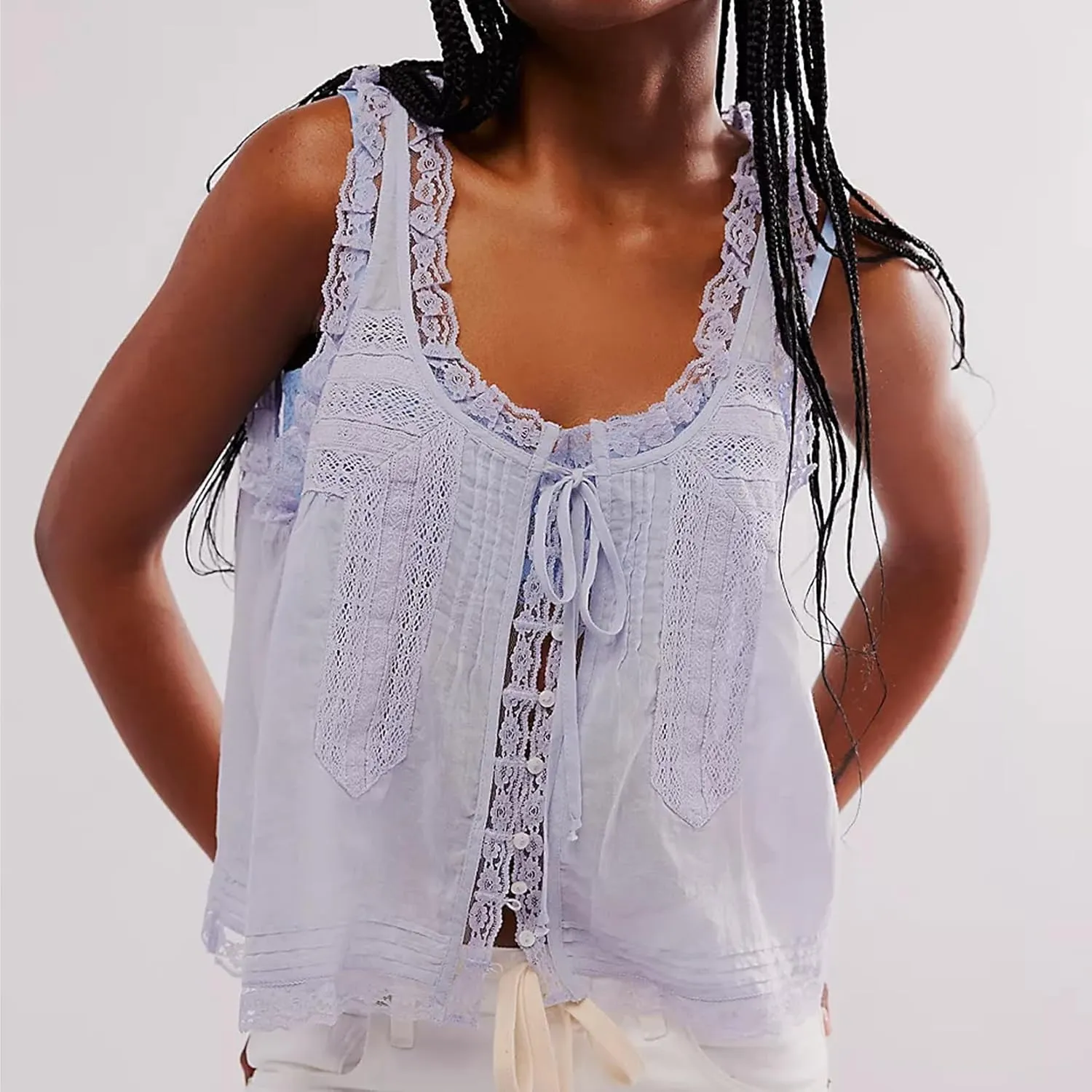 Women Tie Front Lace Trim Vest Tank Semi-Sheer Summer Going Out Tops Cute Sleeveless Blouse Y2k Cami Shirt