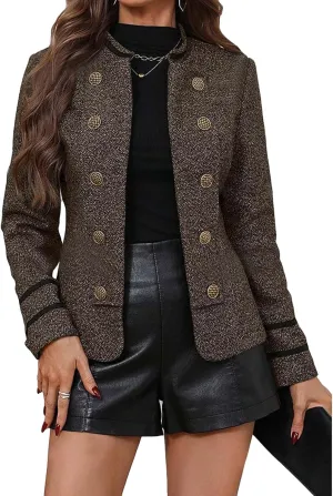 Women's 2025 Fall Winter Tweed Blazer Double Breasted Collarless Warm Elegant Crop Causal Work Office Jacket