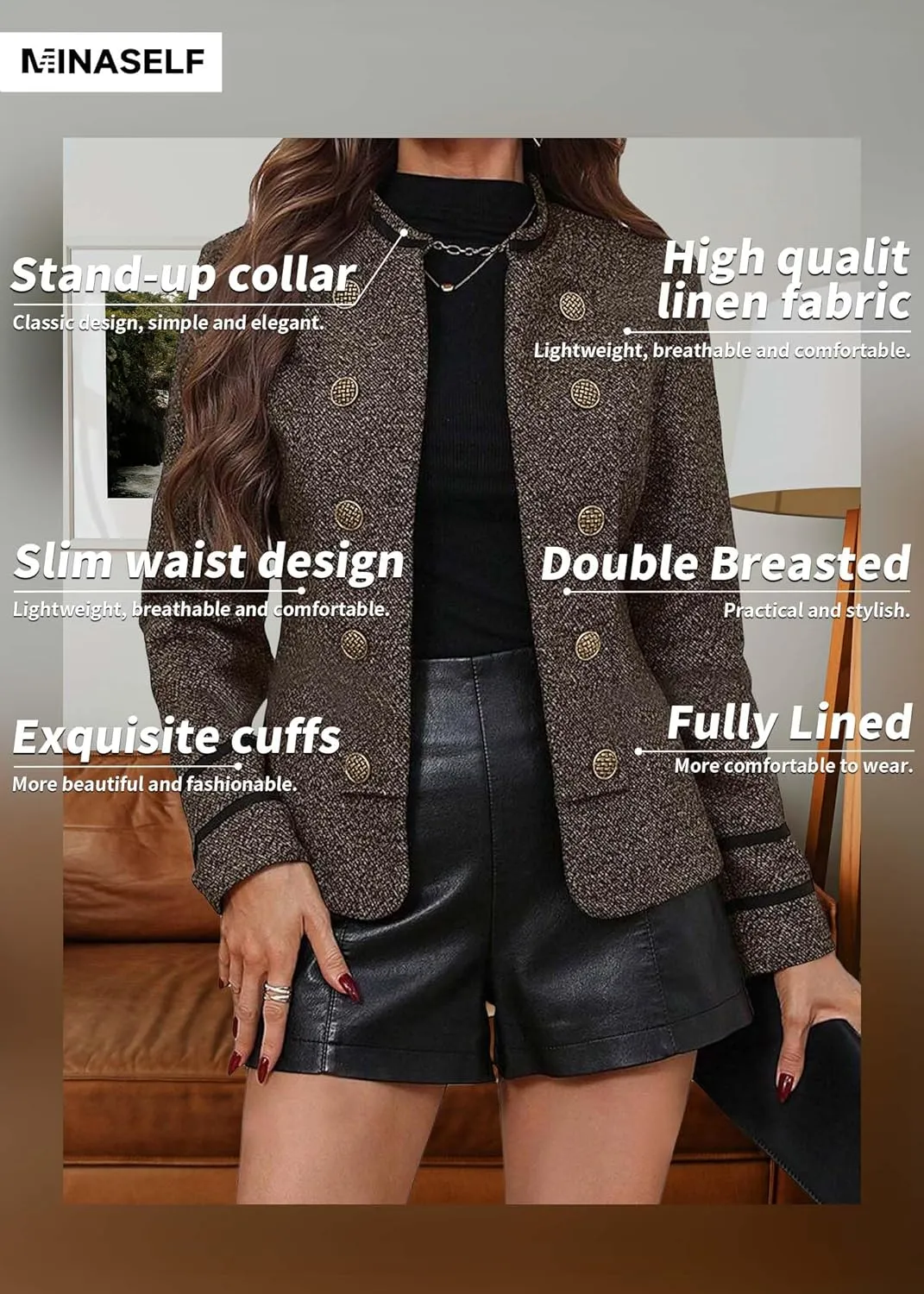 Women's 2025 Fall Winter Tweed Blazer Double Breasted Collarless Warm Elegant Crop Causal Work Office Jacket